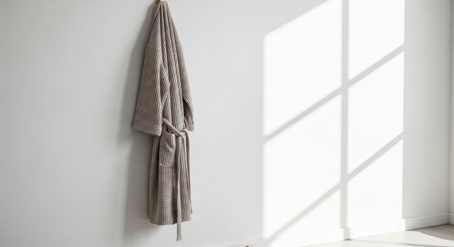 Beige waffle bathrobe hanging on white wall with sunlight shadows