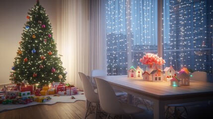 Obraz premium Cozy christmas dining room scene with christmas tree and festive decorations.