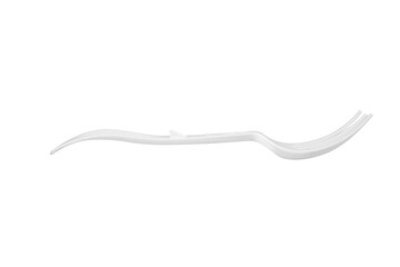 White plastic fork instant noodles on a white background