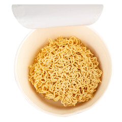 Instant noodle cup high angle on white background