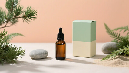 Fototapeta premium Natural skincare product in amber dropper bottle with green and beige box and plants