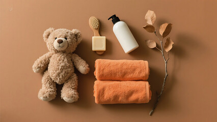 Cozy teddy bear with bath essentials and autumn leaves on brown background