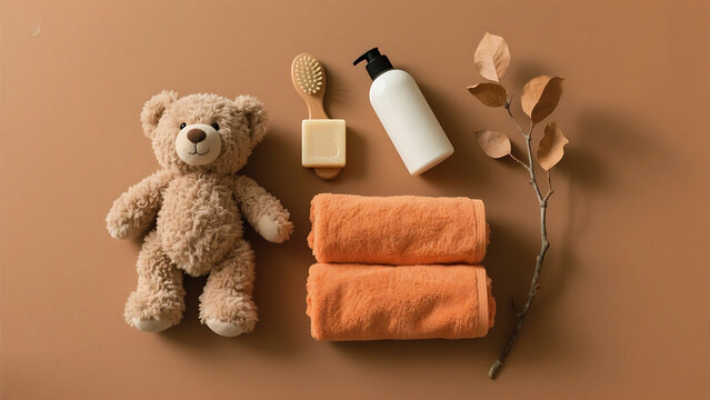 Cozy teddy bear with bath essentials and autumn leaves on brown background