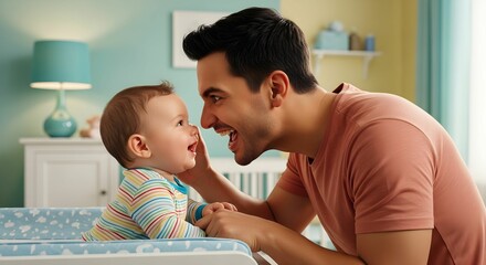 Father joking with laughing baby on table in nursery room