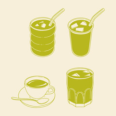 Set of original hand-drawn beverage illustrations in a minimalist style. Vector illustrations of glasses with drinks for posters, cards, cafe menus, and graphic design.