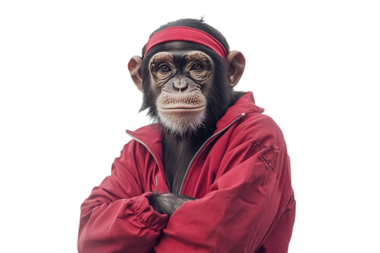 Chimpanzee wearing red sporty tracksuit
