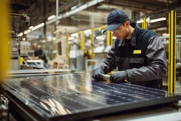 Solar Manufacturing. Energy Panel Production Technology with Men at Work in Industry