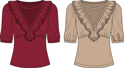 V-neck ruffle blouse fashion sketch, women's top with lace detail, half sleeve elegant design, stylish flat drawing, apparel CAD for clothing designers.