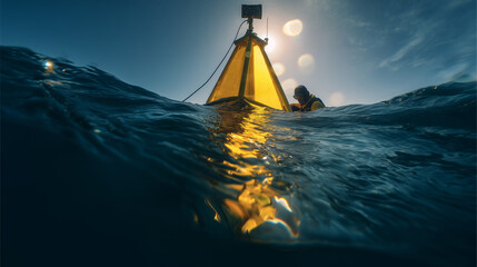 Oceanographer inspecting floating research buoy at sunrise, half-submerged view from water level. Scientific ocean monitoring in open sea, with golden light reflecting off equipment.