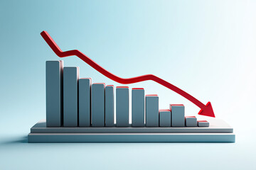 Downward Trend Visualization A 3D Render of a Declining Bar Graph with a Red Arrow Illustrating Economic Downturn and Market Recession on a Light Blue Backdrop