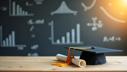Graduation cap and diploma on a wooden table in front of a chalkboard filled with math formulas and graphs.