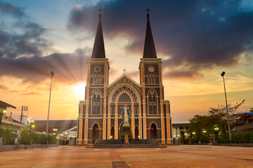 Roman Catholic church and Saint Mary statue at sunset in Chanthaburi, Thailand.