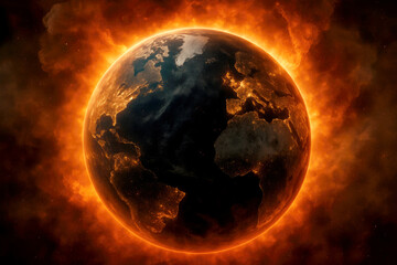 Fiery planet engulfed in cosmic inferno earth fire