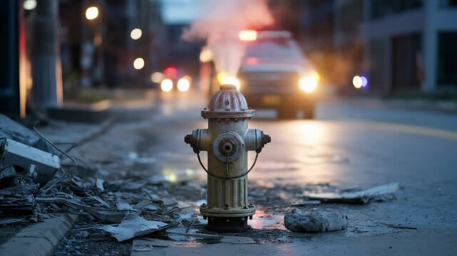 Gray fire hydrant amidst debris on a city street at twilight a peaceful urban scene editorial or commercial use disaster recovery images