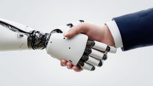 Human and robot shake hands symbolizing partnership and future collaboration