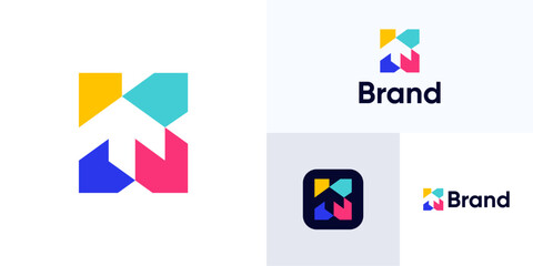 Letter K with arrow in negative space and geometric shapes vibrant colorful, Logo icon design vector illustration, Modern abstract initial with arrows up usable for growth, brand identity and business