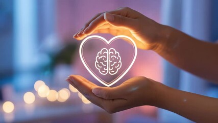 Hands gently holding glowing heart with brain graphic emotional support compassionate care mental wellbeing concept heartfelt protection image for social media articles interior design elements