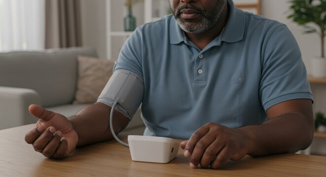 A man is measuring his blood pressure at home with a digital monitor on a wooden table top - Powered by Adobe