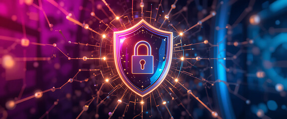 Abstract 3d cyber security shimmering protection shield on the middle of the connected protection glowing network with negative space on the right transparent glasd, dark purple gradient theme, glowin