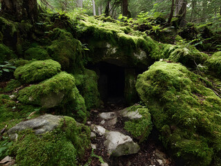Mysterious forest cave entrance surrounded by moss and rocks, inviting exploration and adventure.
