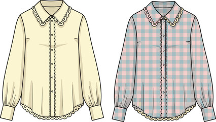 Women’s long sleeve blouse flat sketch, scalloped collar shirt design, button up checkered and solid version, vintage style fashion CAD, elegant apparel illustration.