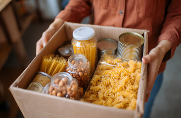 Woman filling in food donation box. Pasta, cereals, various canned food in a carboard box. National food bank day or food delivery background