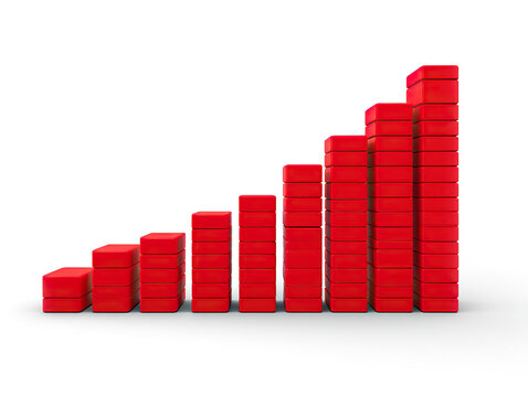 Stepped Progression of Red Blocks Ascending, Symbolizing Gradual Growth and Incremental Success in Business and Finance on a Clean White Background