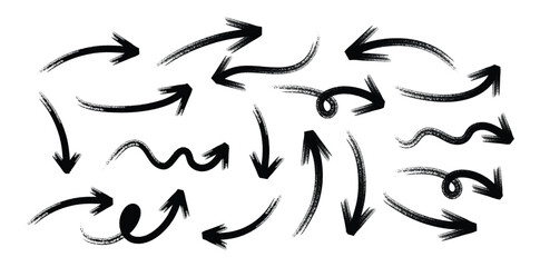Hand-Drawn Black Arrows Set, Curved, Wavy, and Brush Stroke Direction Icons Isolated on White Background.