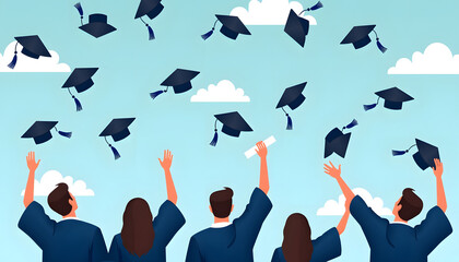 Graduates joyfully throwing their caps in the air to celebrate their graduation day and success.
