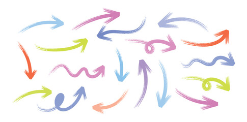 Hand-Drawn Colorful Arrows Set, Curved, Wavy, and Brush Stroke Direction Icons Isolated on White Background.