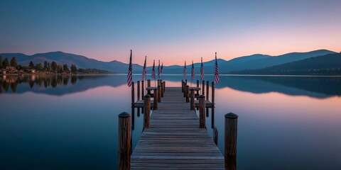 Patriotic Lakeside Dock at Sunset with American Flags