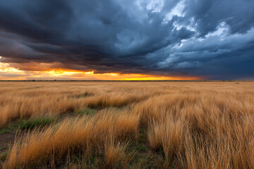 Golden grass field under dramatic stormy sky at sunset landscape nature