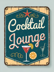 Vintage sign with the words cocktail lounge, drinks, a star, and citrus slices