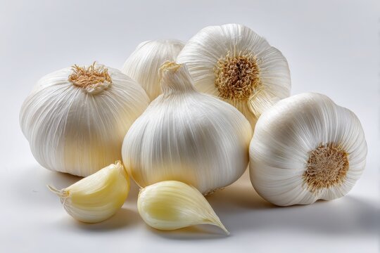Close-up of fresh garlic cloves isolated on a clean white background.