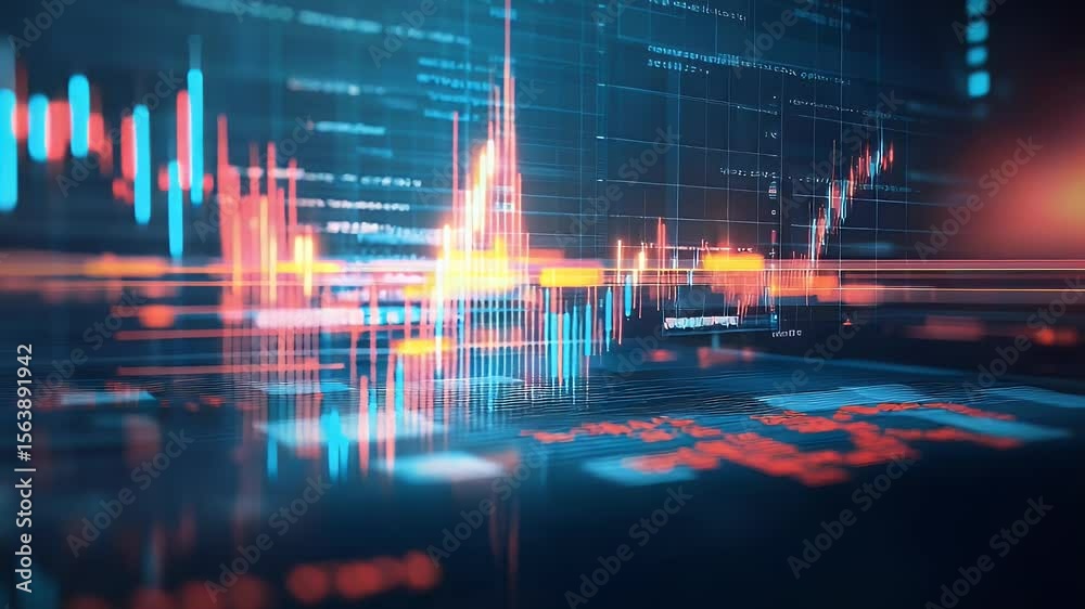 Poster abstract digital data visualization with glowing lines and charts reflects on a surface. vibrant blu