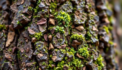 a close up view of a tree trunk with moss and lichen growth.