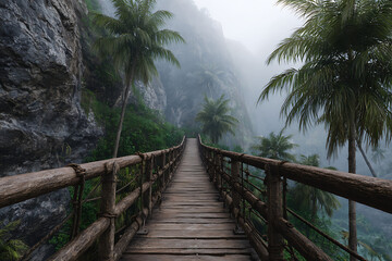 Obraz premium Misty jungle bridge with palm trees and rocky cliffs wooden rope