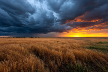 Golden prairie grasses beneath dramatic stormy sunset sky wheat field