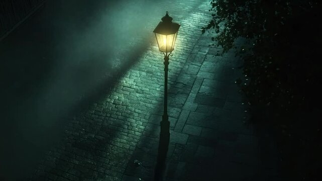 A lone gas lamp casts a warm glow on a misty, cobblestone street at night