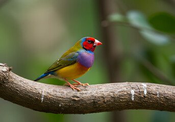 A vibrant multicolored Gouldian finch (Erythrura gouldiae) perched gracefully on a thick tree branch. Detailed feathers in bright hues of red, yellow, and blue.