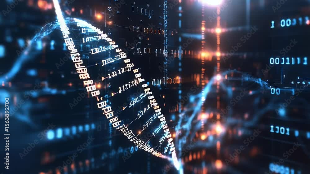 Poster abstract 3d rendered dna structure with glowing particles and binary code data visualization against