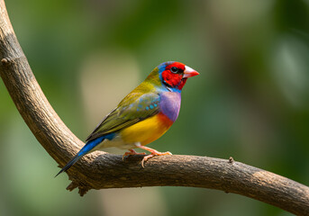 A vibrant multicolored Gouldian finch (Erythrura gouldiae) perched gracefully on a thick tree branch. Detailed feathers in bright hues of red, yellow, and blue.