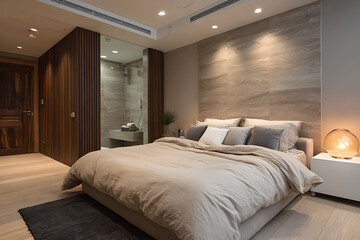 Obraz premium Modern bedroom with beige bedding and wood accents minimalist brown