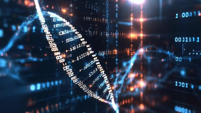 Abstract 3D rendered DNA structure with glowing particles and binary code data visualization against a dark background concept of genetic engineering