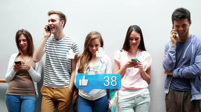 Center woman tapping smartphone causing social media bubble steadily rising among five friends