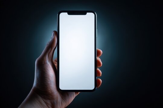 Straight Up View. Hand holding empty smartphone with blank screen in dark background