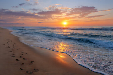 Golden sun setting over ocean waves and sandy shore with footprints sunset beach