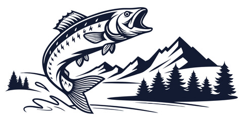 Trout leaping out of water with mountain landscape and pine trees