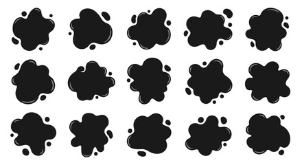 Vector collection of black splatter icons with irregular grunge blot shapes.