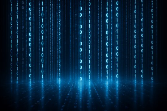 Digital rain of glowing blue binary code cascades onto a reflective dark surface